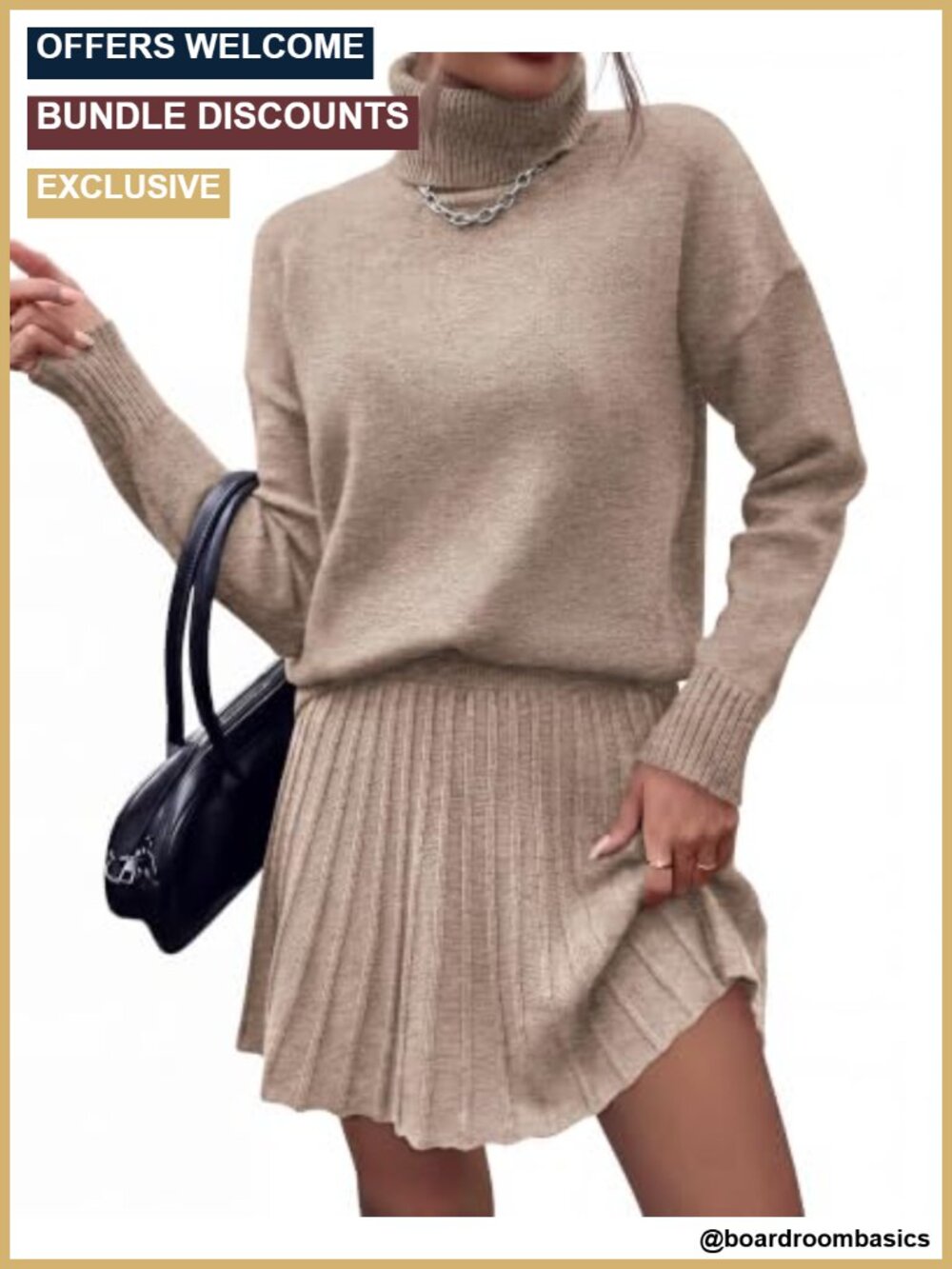 Women's 2 Piece Knit Lounge Set Turtleneck Sweater & Pleated Mini Skirt Fall